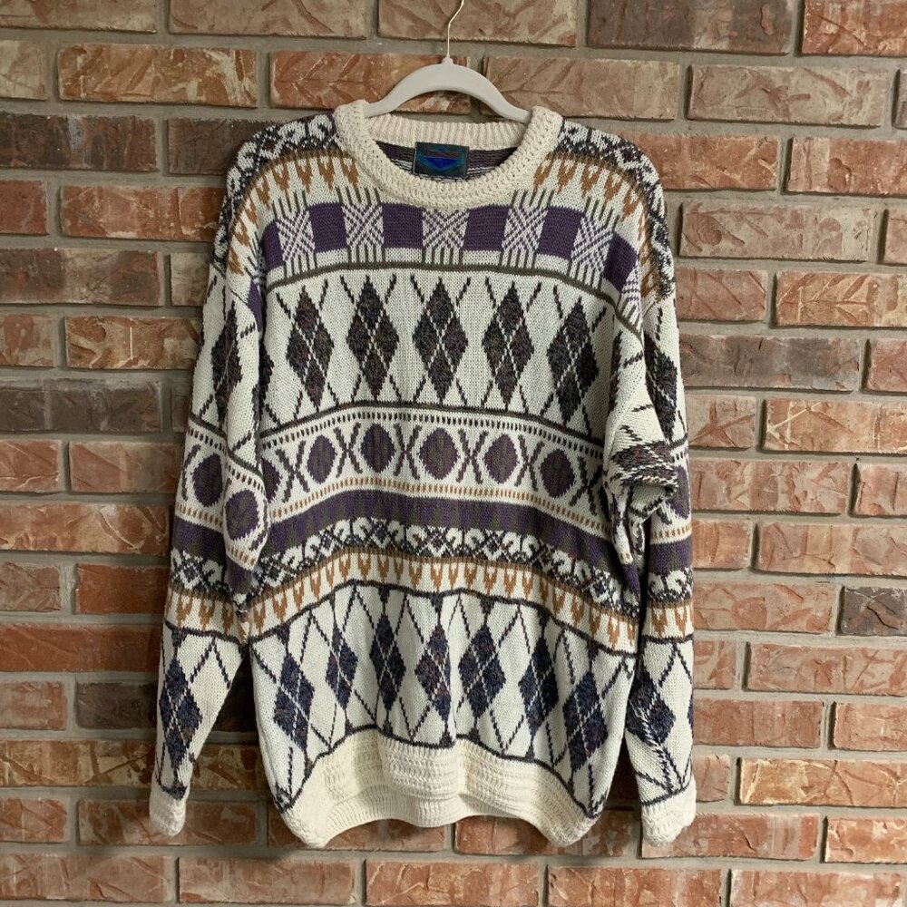 Etchings Medium Cream Purple Crochet Trim Pullover Y2K 90s Grandpa Sweater EUC - Picture 2 of 13